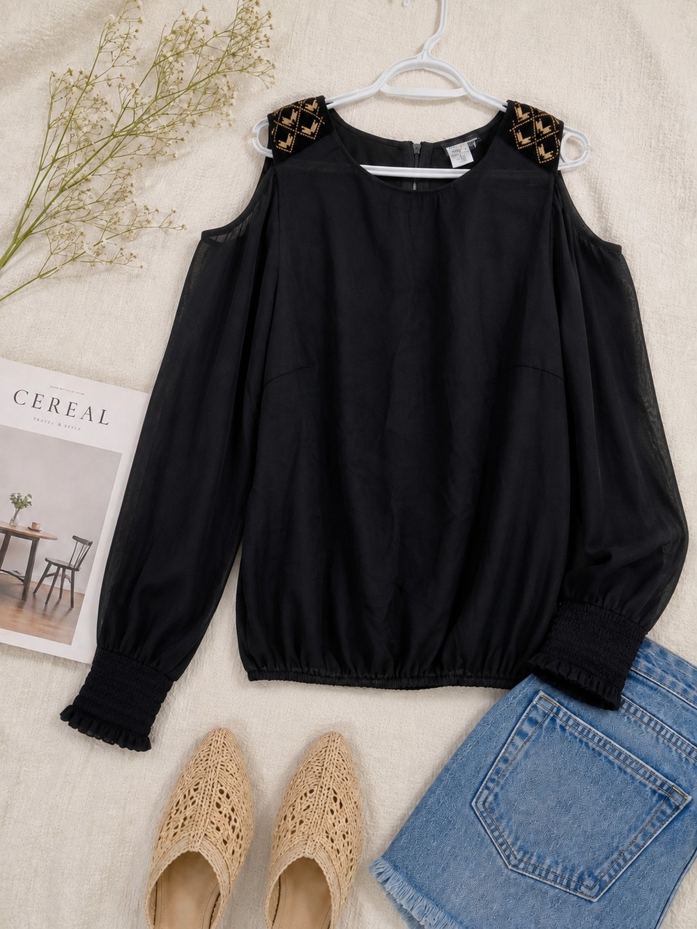 Mercer & Madison Black Cold-Shoulder Blouse with Embellished Shoulders